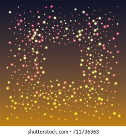 Square luminescent frame or border of a random scatter of gold and purple circles with a glowing effect, on a black-gold background.