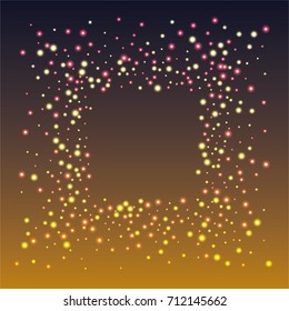 Square luminescent frame or border of a random scatter of gold and purple circles with a glowing effect, on a black-gold background.