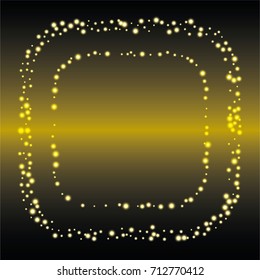 Square luminescent frame or border of a random scatter of gold circles with a glowing effect, on a black-gold background.