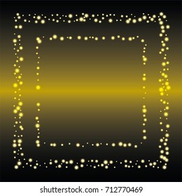 Square luminescent frame or border of a random scatter of gold circles with a glowing effect, on a black-gold background.