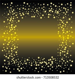 Square luminescent frame or border of a random scatter of gold circles with a glowing effect, on a black-gold background.