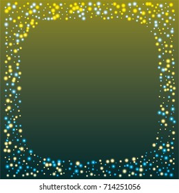 Square luminescent frame or border of a random scatter of blue and gold circles with a glowing effect, on a blue-gold background.