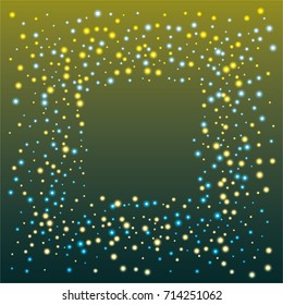 Square luminescent frame or border of a random scatter of blue and gold circles with a glowing effect, on a blue-gold background.