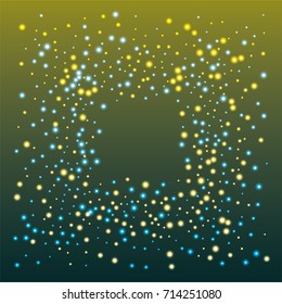Square luminescent frame or border of a random scatter of blue and gold circles with a glowing effect, on a blue-gold background.