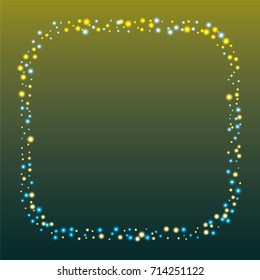 Square luminescent frame or border of a random scatter of blue and gold circles with a glowing effect, on a blue-gold background.