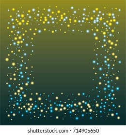 Square luminescent frame or border of a random scatter of blue and gold circles with a glowing effect, on a blue-gold background.