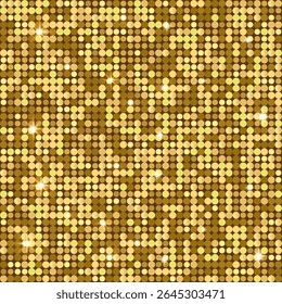Square luxury premium golden Shiny Disco Light Background with glitter, sparkles and glares. Abstract Glowing Sequin Wall. Empty Polka dot gold background. Festive, elegant, New Year vector EPS10