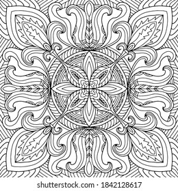 Mandala cuadrada con ornamentos abstractos de estilo folclórico dibujados a mano para páginas de libros de color, vectores y colorantes