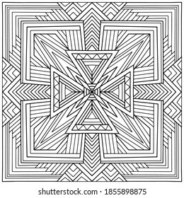square mandala with abstract linear figures drawn by hand on a white background for coloring, vector, mandala