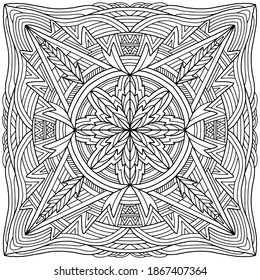 square mandala with abstract linear ornaments drawn on a white background for coloring, vector, mandala