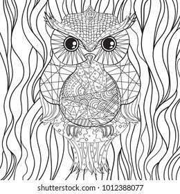 Square mandala with owl. Zentangle. Hand drawn abstract patterns on isolation background. Outline for tattoo, printing on t-shirts, posters and other. Design for spiritual relaxation for adults