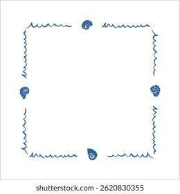Square marine frame with wavy hand drawn lines and blue seashells in minimal doodle style
