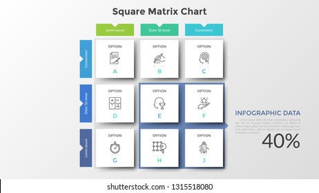 Square Matrix Chart With 9 Paper White Cells Arranged In Rows And Columns. Table With Nine Options To Choose Or Select. Simple Infographic Design Template. Flat Vector Illustration For Presentation.