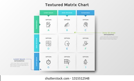 Square matrix chart or table. Nine paper white rectangular elements with thin line icons and letters inside, text boxes. Clean infographic design template. Vector illustration for presentation. - Shutterstock ID 1315512548