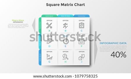 Square matrix chart or table. Nine paper white rectangular elements with thin line icons and letters inside, text boxes. Clean infographic design template. Vector illustration for presentation.