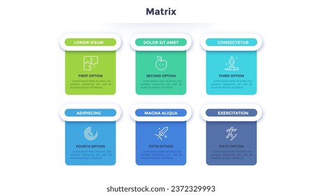 Square matrix chart or table. Six paper colorful rectangular elements with thin line icons and letters inside, text boxes. Clean infographic design template. Vector illustration for presentation.
