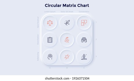 Square Matrix Diagram With 9 Round Cells Arranged In Rows And Columns. Concept Of Control Panel With Nine Circular Buttons. Neumorphic Infographic Design Template. Modern Clean Vector Illustration.