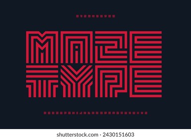 Square maze alphabet, bold geometric letters, unique puzzle font for creative logo, engaging headline. Abstract labyrinth typographic design for branding, poster, print, card, art. Vector typeset.