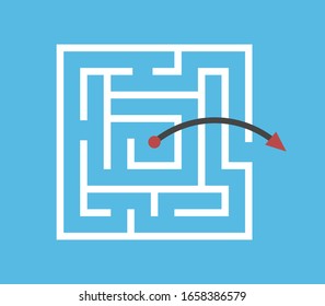 Square maze, arrow jumping above walls from centre outside. Shortcut, simple efficient solution, problem, creativity concept. Flat design. EPS 8 vector illustration, no transparency, no gradients