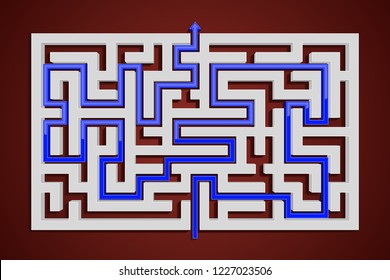Square maze with blue path to center. On red background. Vector 3d illustration