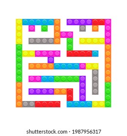 Square maze bricks toy labyrinth game for kids. Logic conundrum. One entrance and one right way to go. Vector bright flat illustration isolated on white background.