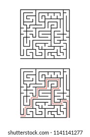 A square maze for children. Simple flat vector illustration isolated on white background. With the answer