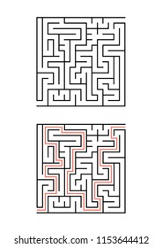 Un laberinto cuadrado para niños. Simple ilustración vectorial plana aislada en fondo blanco. Con la respuesta