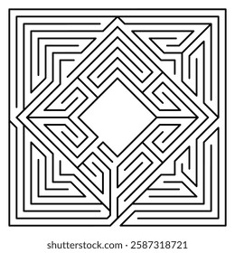 Square maze containing a 2nd maze in the shape of a diamond. Labyrinth with a collection of different paths to the goal, starting at the entrance at the bottom, to the free square area in the middle.