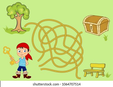 Square maze game for kids. Cartoon boy with a key looking for the path to the chest of jewels. 