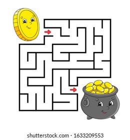 Square maze. Game for kids. Coin and pot of gold. Labyrinth conundrum. Color vector illustration. Isolated vector illustration. Cartoon character.