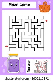 Square maze. Game for kids. Funny labyrinth. Education developing worksheet. Activity page. Puzzle for children. Cartoon style. Riddle for preschool. Logical conundrum. Color vector illustration.