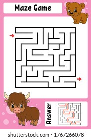 Square maze. Game for kids. Funny labyrinth. Education developing worksheet. Activity page. Puzzle for children. Cartoon style. Riddle for preschool. Logical conundrum. Color vector illustration.