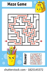 Square maze. Game for kids. Funny labyrinth. Education developing worksheet. Activity page. Puzzle for children. Cartoon style. Back to school. Logical conundrum. Color vector illustration.