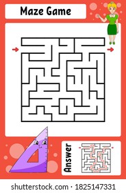 Square maze. Game for kids. Funny labyrinth. Education developing worksheet. Activity page. Puzzle for children. Cartoon style. Back to school. Logical conundrum. Color vector illustration.