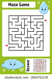 Square maze. Game for kids. Funny labyrinth. Education developing worksheet. Activity page. Puzzle for children. Cartoon style. Riddle for preschool. Logical conundrum. Color vector illustration.