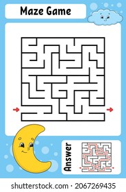 Square maze. Game for kids. Funny labyrinth. Education developing worksheet. Activity page. Puzzle for children. Cartoon style. Riddle for preschool. Logical conundrum. Color vector illustration.