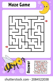 Square maze. Game for kids. Funny labyrinth. Education developing worksheet. Activity page. Puzzle for children. Cartoon style. Riddle for preschool. Logical conundrum. Color vector illustration.