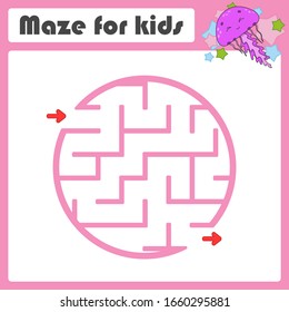 Square maze. Game for kids. Marine jellyfish. Puzzle for children. Cartoon style. Labyrinth conundrum. Color vector illustration. Find the right path. The development of logical and spatial thinking.
