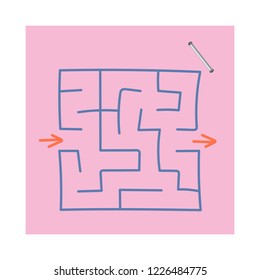 Square maze. Game for kids. Puzzle for children. Easy level of difficulty. Hand drawing. Labyrinth conundrum. Flat vector illustration isolated on sticker