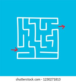 Square maze. Game for kids. Puzzle for children. Easy level of difficulty. Hand drawing. Labyrinth conundrum. Flat vector illustration isolated on color background