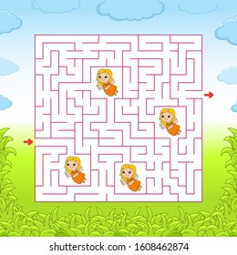 Square maze. Game for kids. Puzzle for children. Labyrinth conundrum. Color vector illustration. Find the right path. Isolated vector illustration. Cartoon character.