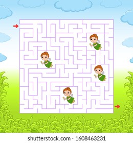 Square maze. Game for kids. Puzzle for children. Labyrinth conundrum. Color vector illustration. Find the right path. Isolated vector illustration. Cartoon character.