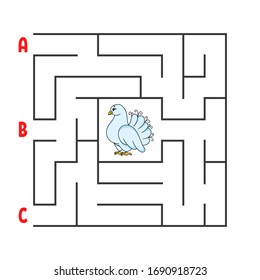 Square maze. Game for kids. Puzzle for children. Cartoon character dove. Labyrinth conundrum. Color vector illustration. Find the right path. The development of logical and spatial thinking.