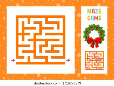 Square maze. Game for kids. Puzzle for children. Christmas theme. Happy character. Labyrinth conundrum. Color vector illustration. Find the right path. With answer. Isolated vector illustration.