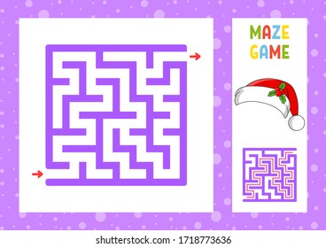 Square maze. Game for kids. Puzzle for children. Christmas theme. Happy character. Labyrinth conundrum. Color vector illustration. Find the right path. With answer. Isolated vector illustration.