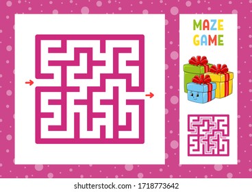 Square maze. Game for kids. Puzzle for children. Christmas theme. Happy character. Labyrinth conundrum. Color vector illustration. Find the right path. With answer. Isolated vector illustration.