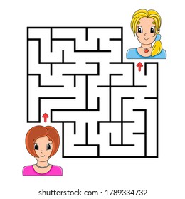 Square maze. Game for kids. Puzzle for children. Labyrinth conundrum. Color vector illustration. Isolated vector illustration. Cartoon character.