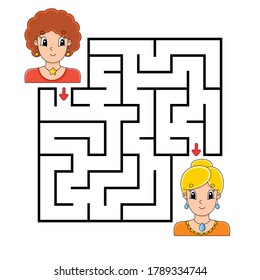 Square maze. Game for kids. Puzzle for children. Labyrinth conundrum. Color vector illustration. Isolated vector illustration. Cartoon character.