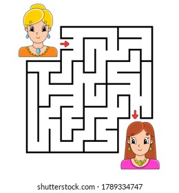 Square maze. Game for kids. Puzzle for children. Labyrinth conundrum. Color vector illustration. Isolated vector illustration. Cartoon character.