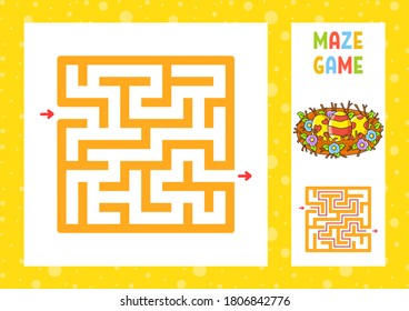 Square maze. Game for kids. Puzzle for children. Happy character. Labyrinth conundrum. Color vector illustration. Find the right path. With answer. Isolated vector illustration. Cartoon style.